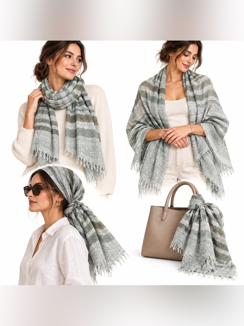 Talbots 99% Wool Oversized Green Gray Striped Fringe Scarf Wrap